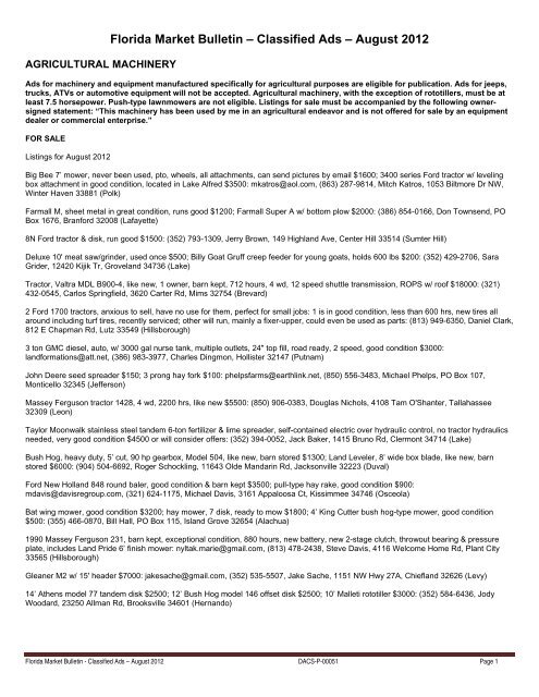 Florida Market Bulletin – Classified Ads – August 2012 - Edocs