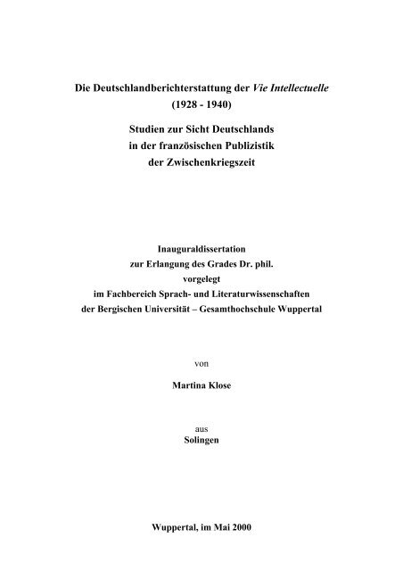 Die Deutschlandberichterstattung der Vie Intellectuelle (1928 - 1940 ...