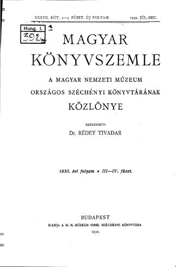 Magyar Könyvszemle Új folyam XXXVII.kötet, 3-4. füzet 1930. Júl.-Dec.