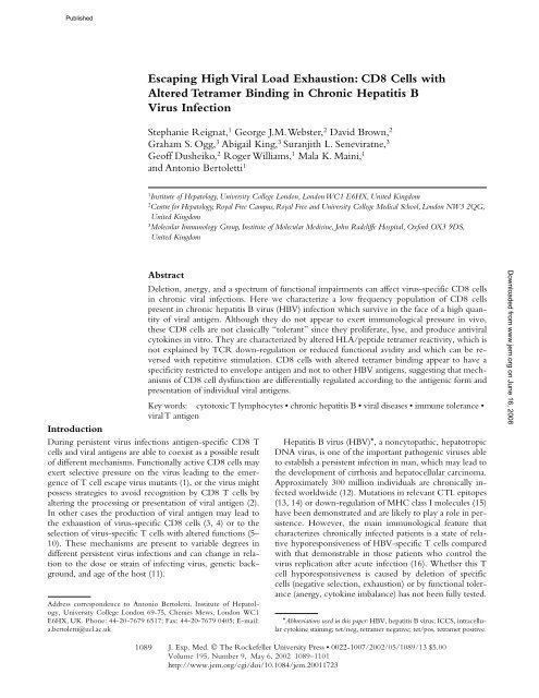 Escaping High Viral Load Exhaustion: CD8 Cells with Altered ...