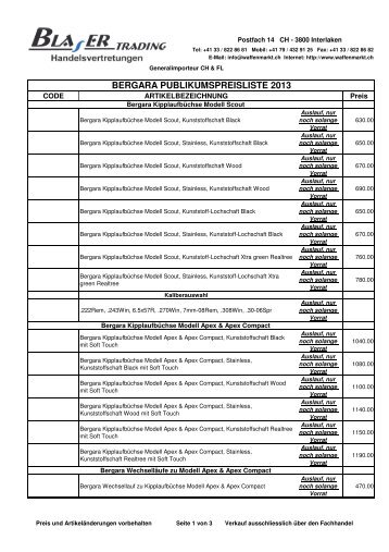 Bergara Publikumspreisliste 2014 - waffenmarkt.ch