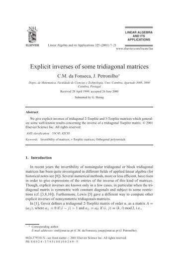 Explicit inverses of some tridiagonal matrices - Estudo Geral ...