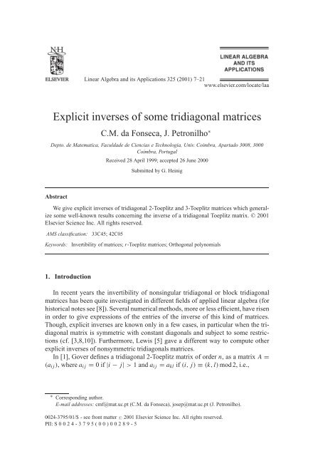 Explicit inverses of some tridiagonal matrices - Estudo Geral ...