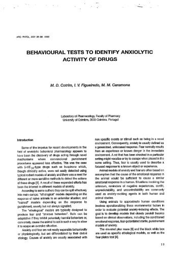 behavioural tests to identify anxiolytic activity of drugs - Estudo Geral