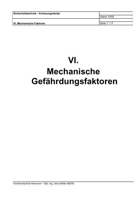 VI. Mechanische Gefährdungsfaktoren