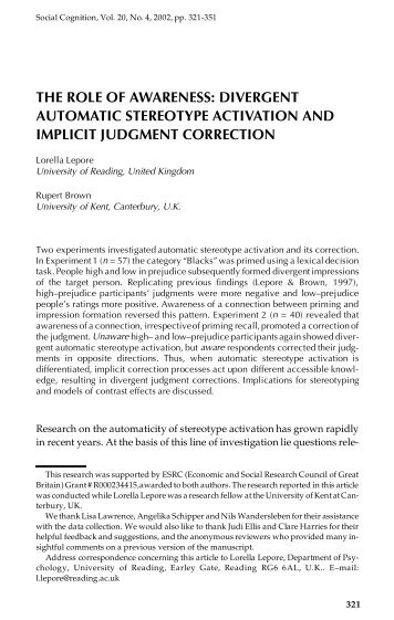 The Role of Awareness: Divergent Automatic Stereotype Activation ...