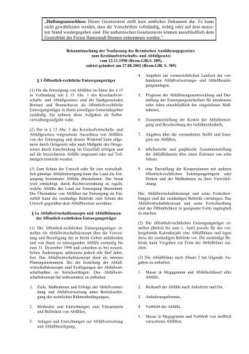 Bremisches Ausführungsgesetz zum Kreislaufwirtschafts ... - Faolex
