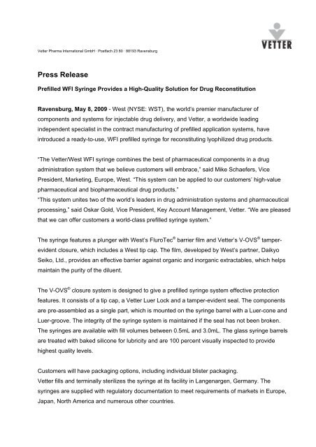 Press Release - Vetter Pharma