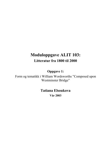 Moduloppgave ALIT 103: Litteratur fra 1800 til 2000 Oppgave 1