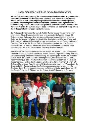 Golfer erspielen 1500 Euro für die Kinderkrebshilfe - Golfclub Peine ...