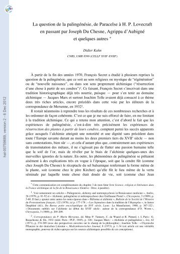 La question de la palingénésie, de Paracelse à HP Lovecraft en ...