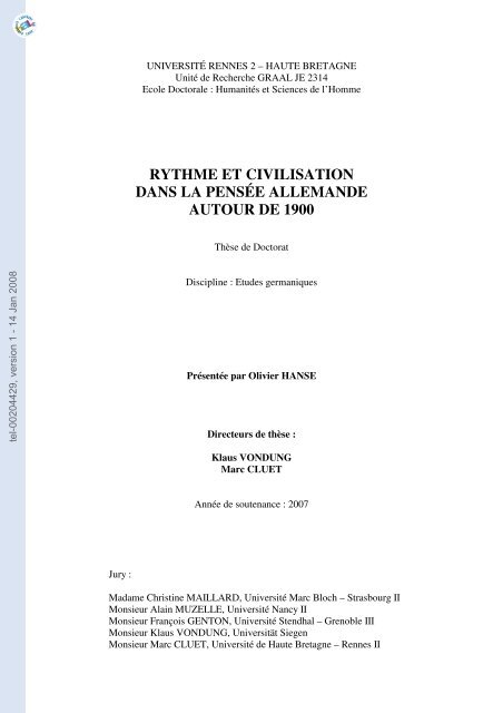 Rythme Et Civilisation Dans La Pensee Allemande