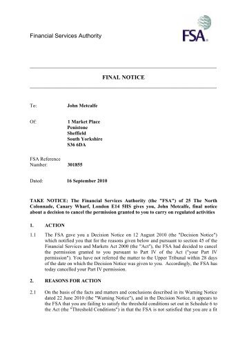 Final notice: John Metcalfe - Better Regulation Ltd