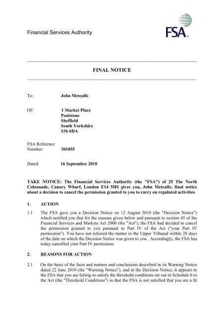 Final notice: John Metcalfe - Better Regulation Ltd
