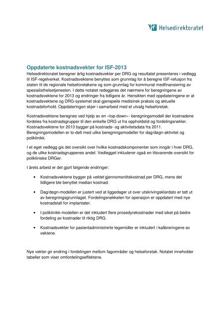Kostnadsvektarbeidet for ISF 2013 - Helsedirektoratet