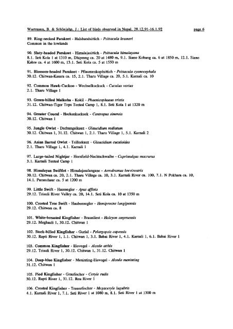 List of birds observed in Nepal December 29, 1991 - January 16, 1992