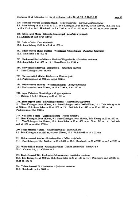 List of birds observed in Nepal December 29, 1991 - January 16, 1992