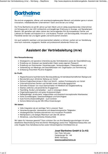 Assistent der Vertriebsleitung (m/w) - Barthelme Gmbh & Co. KG