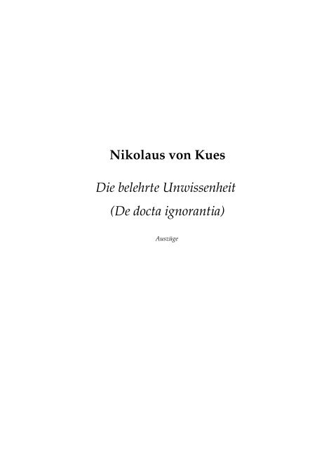 Nikolaus von Kues Die belehrte Unwissenheit (De docta ignorantia)