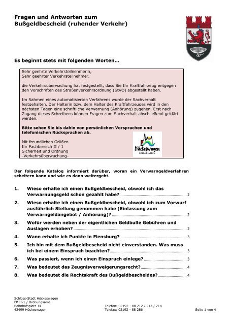 Merkblatt Bussgeldbescheid Huckeswagen