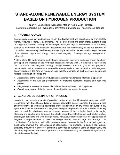 stand-alone renewable energy system based on hydrogen production