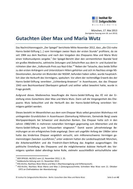 Gutachten über Max und Maria Wutz - Institut für Zeitgeschichte