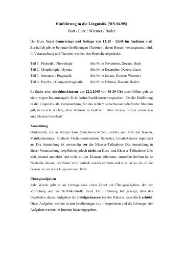 Einführung in die Linguistik (WS 04/05) Butt / Lutz / Wiemer / Bader