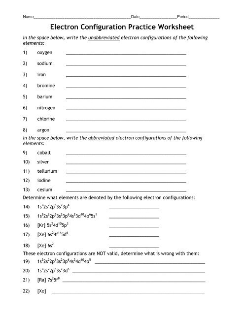 Electron Configuration Worksheet Answers Key