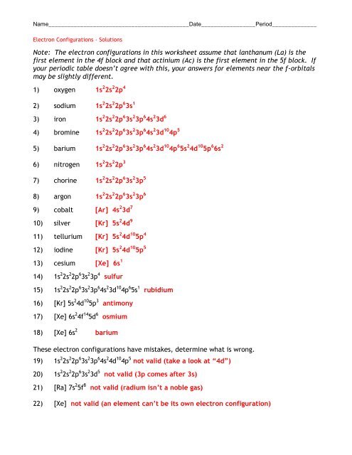 Electron Configuration Practice Worksheet Answers