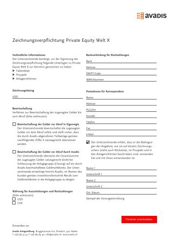 Zeichnungsverpflichtung Private Equity Welt X - Avadis