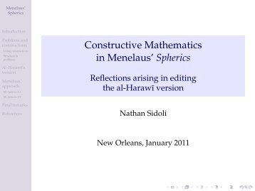 Constructive Mathematics in Menelaus' Spherics *1em Reflections ...