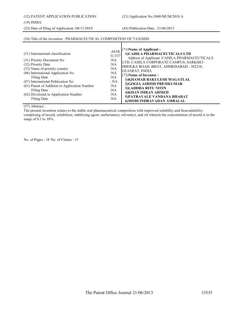 Part-I - Controller General of Patents Designs and Trademarks