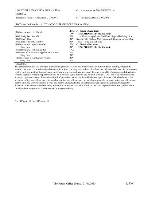 Part-I - Controller General of Patents Designs and Trademarks