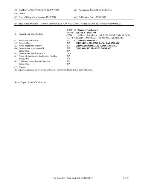 Part-I - Controller General of Patents Designs and Trademarks