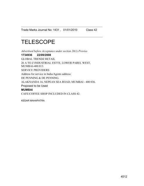 Class 35 to 99 and Notice - Controller General of Patents Designs ...