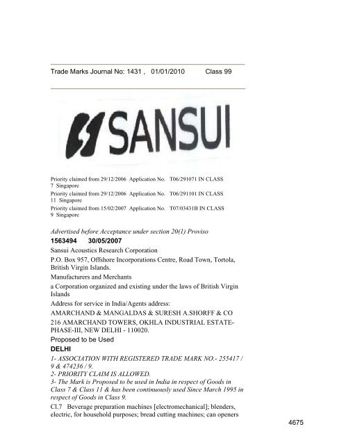 Class 35 to 99 and Notice - Controller General of Patents Designs ...