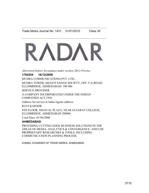 Class 35 to 99 and Notice - Controller General of Patents Designs ...