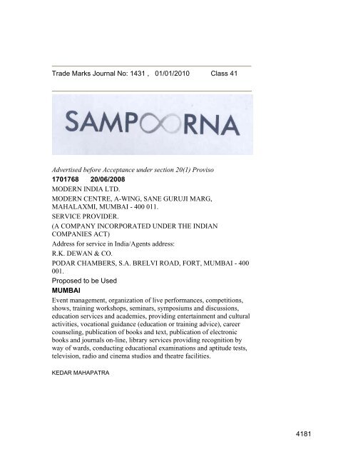 Class 35 to 99 and Notice - Controller General of Patents Designs ...