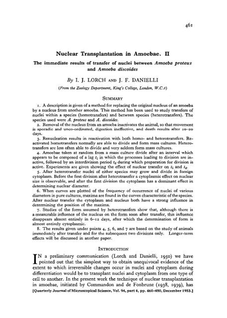 Nuclear Transplantation in Amoebae. II - Journal of Cell Science