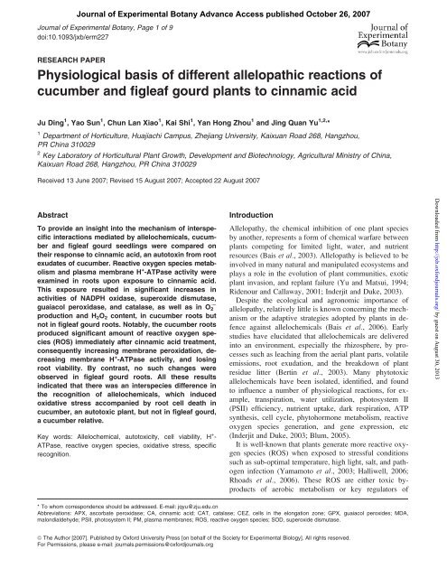 Physiological basis of different allelopathic reactions of cucumber ...