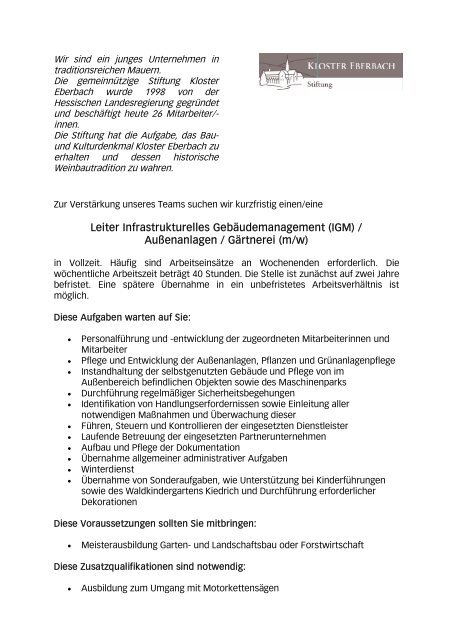 Leiter Infrastrukturelles Gebäudemanagement ... - Kloster Eberbach