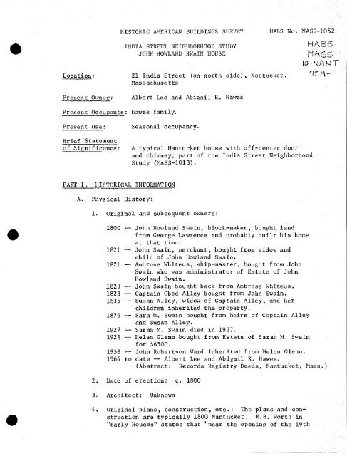 India Street Neighborhood Study HABS No. MASS-1052 John ...