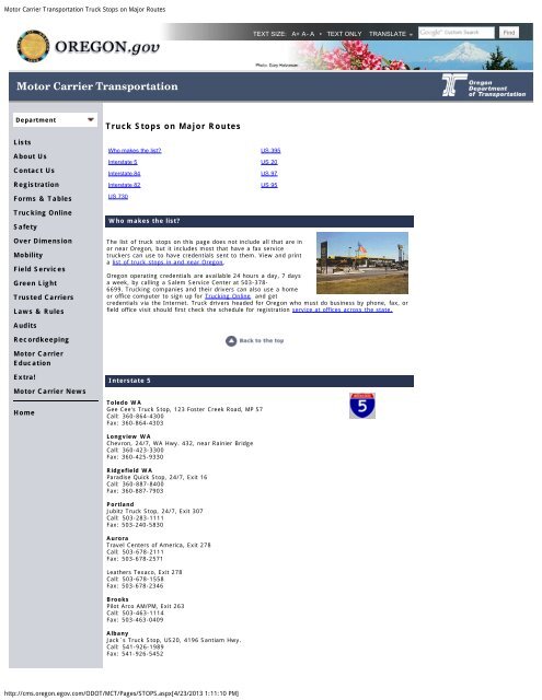 Motor Carrier Transportation Truck Stops on Major Routes