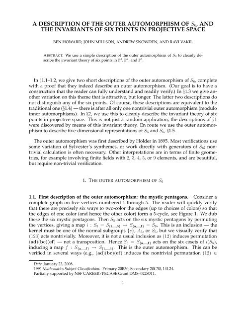 a description of the outer automorphism of s6, and the invariants of ...