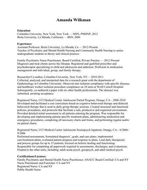 Amanda Wilkman CV - Biola University