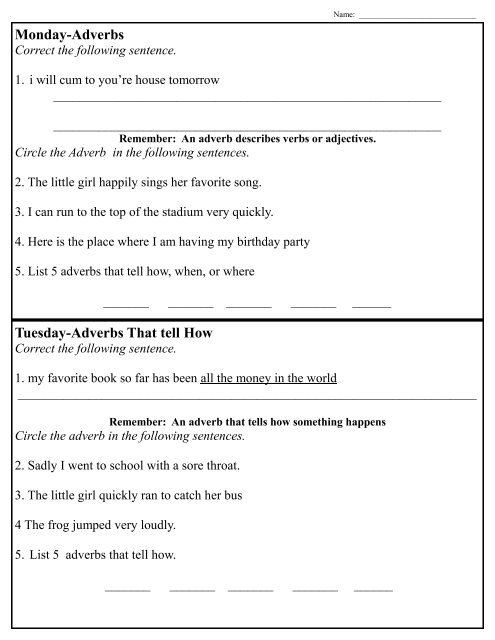 Adverbs Morning Work - Cherokee County Schools