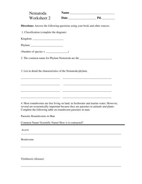 Nematoda Worksheet 2