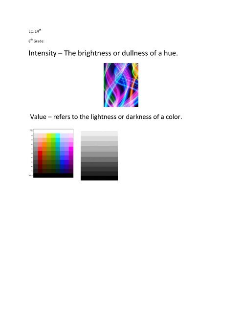 Intensity – The brightness or dullness of a hue.