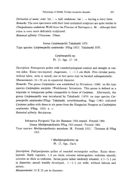 Palynology of Middle Tertiary lacustrine deposits