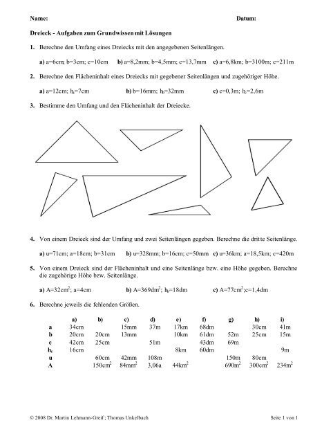 Dreieck - Aufgaben zum Grundwissen mit Lösungen
